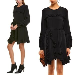 NWT IRO Silk Chiffon Ruffle Trim Pleated Puff Long Sleeve Flare Skirt Dress 2